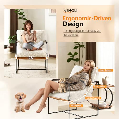 28" Wide Plush Upholstery Sling Modern Accent Chair with Metal Frame, Cute Reading Armchair with Removable Seat Cushion & Tan Microfiber Seat Base, Lazy Chair for Bedroom & Lounge, White