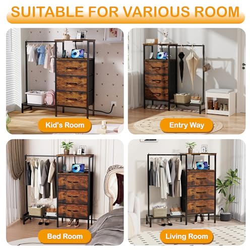 Dresser for Bedroom with Hanging Rack, 3 Drawers Closet with Charging Station, view 6