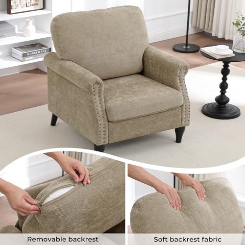 Accent Chair for Living Room, Modern Mid Century Reading Chair Armchair High Back Upholstered Armchair with Wooden Legs for Living Room Bedroom Office (Brown, 1pcs)