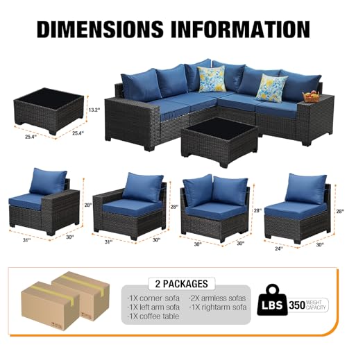 6 Pieces Patio Furniture Set All-Weather Outdoor Wicker Sectional Conversation Sofa Rattan Patio Seating Sofa with Cushion and Glass Table for Porch Poolside,Navy