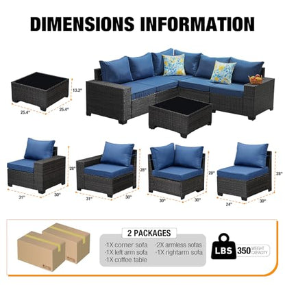 6 Pieces Patio Furniture Set All-Weather Outdoor Wicker Sectional Conversation Sofa Rattan Patio Seating Sofa with Cushion and Glass Table for Porch Poolside,Navy