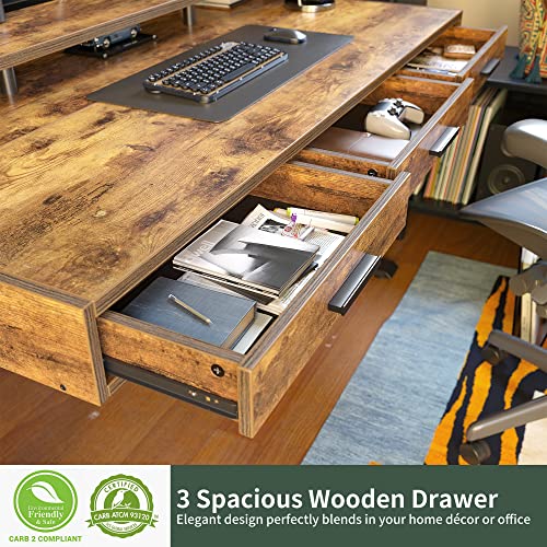 Standing Desk 48x26 Inches with 3 Wood Drawers and Monitor Shelf, Ergonomic Rising Home Office Desks, Height Adjustable Computer Desk, Sit Stand Up Electric Workstation Table, Brown