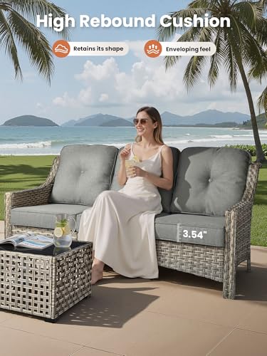 5 Piece Outdoor Patio Furniture with 3 Seat Sofa,Rattan Wicker Coversation Set with Swivel Rocking Chair,Balcony Sofa Set with Shiny Table for Outside Porch Backyard Pool, Dark Grey