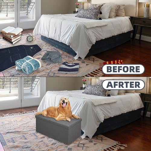 30 Inches Storage Ottoman Bench with Flipping Lid, Linen Foldable Storage Footrest, Ottoman with Storage for Living Room Holds up to 330lbs, Dark Grey