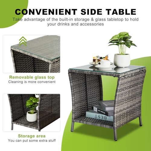 Rattan Outdoor Side Table with Glass Top & Storage Shelf | Small end coffee table, versatile outdoor furniture for patio, porch, backyard and balcony