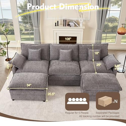 108" U-Shaped Modular Cloud Couch, Deep Seat, Chenille Slate | Cloud Comfort, Couches for Living Room, Removable & Machine-Washable Covers, Movable Ottoman, Modular Sectional Sofa