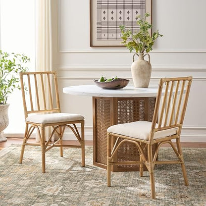 SAFAVIEH Furniture - Amal Set of 2 Dining Chairs - White & Honey Brown Wash - Upholstered Rattan Seating - Fully Assembled - Ideal for Dining Room, Kitchen, 17.7" Seat Height (ACH6535B-SET2)
