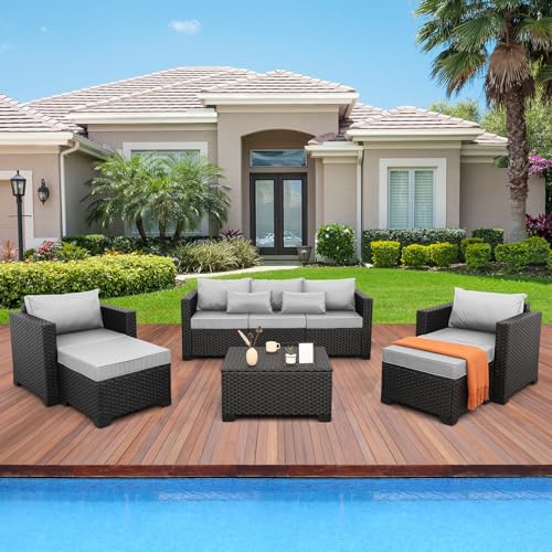 Patio Wicker Furniture Set 6 Pieces Outdoor HDPE Wicker Conversation Couch Sectional Chair Sofa Set with Grey Cushions