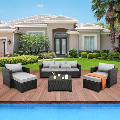 Patio Wicker Furniture Set 6 Pieces Outdoor HDPE Wicker Conversation Couch Sectional Chair Sofa Set with Grey Cushions