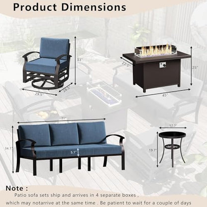 Patio Furniture Set 5-Piece Aluminum Armrest Sofa, Modern Outdoor Living Room Set with 55000 BTU Propane Aluminum Fireplace, Outdoor Rotary Joystick with Thick Cushion