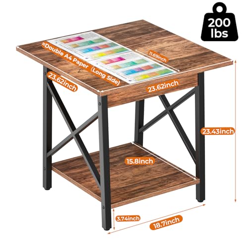 Square End Table 24 Inch with X-Frame 2-Tier Storage | Nightstand for Living Room & Bedroom, Rustic Decor, Sturdy, Waterproof Scratchproof Top, Easy Assembly, Walnut