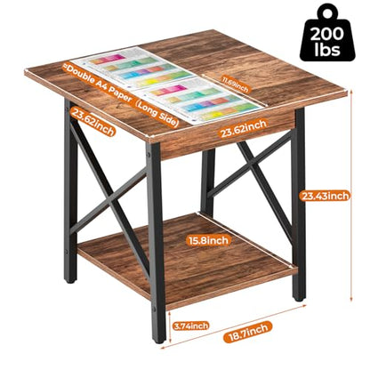 Square End Table 24 Inch with X-Frame 2-Tier Storage | Nightstand for Living Room & Bedroom, Rustic Decor, Sturdy, Waterproof Scratchproof Top, Easy Assembly, Walnut