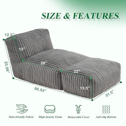 Bean Bag Chairs for Adults Giant Bean Bag Chair Memory Foam BeanBag Chair Bean Bag Sofa with Filler Faux Fur Fireside Beanbags Lazy Sofa for Living Room Bedroom Office (Grey, Large)