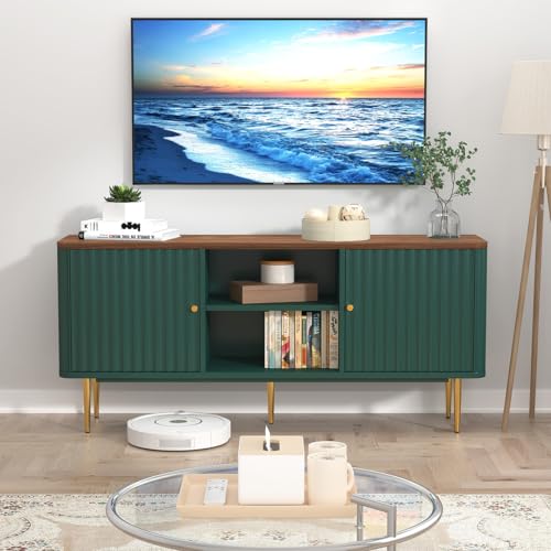 55” Fluted TV Stand, Mid Century Modern Green TV Stand for 55/60/65 inch TV, Entertainment Center with Storage, Television Stands, TV Console, Media Console for Living Room, Bedroom (Green)