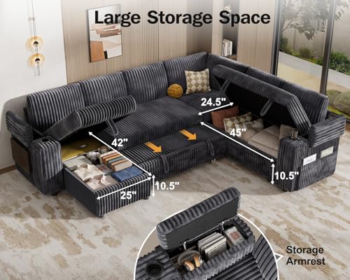 111" Modular Sectional Sleeper Sofa with Pull Out Bed, 7 Seat Plush Corduroy L Shaped Couch with Storage Chaise|USB Ports|Cup Holders|Side Table|Storage Armrests, Tool Free Assembly, Grey