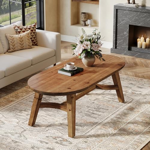 Oval Coffee Table, 47" Real Wood Living Room Table, Natural Pine Solid Wood Coffee Table, Modern Center Accent Furniture, Child-Friendly,Rustic Brown