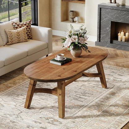 Oval Coffee Table, 47" Real Wood Living Room Table, Natural Pine Solid Wood Coffee Table, Modern Center Accent Furniture, Child-Friendly,Rustic Brown