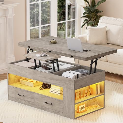 Lift Top Coffee Table, 4 in 1 Coffee Tables with Storage and Hidden Compartment, Farmhouse Coffee Table with 2 Fabric Drawers & LED Light for Living Room, Grey Oak