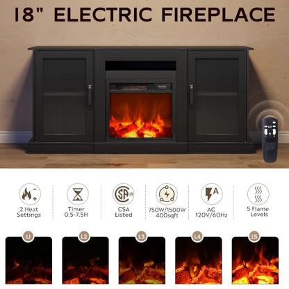 Fireplace TV Stand for 65 in TVs, Media Console with Storage, Black, view 5