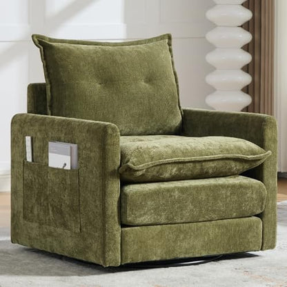 360° Swivel Accent Chair, Chenille Swivel Armchair for Living Room, Mid Century Modern Comfy Thick Padded Arm Chairs, Green