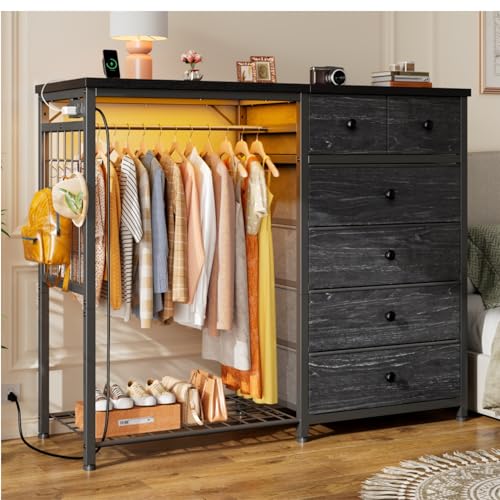49.2" W Dresser with Hanging Rack & 6 Drawers, Grid Panel & 4 Hooks, view 2
