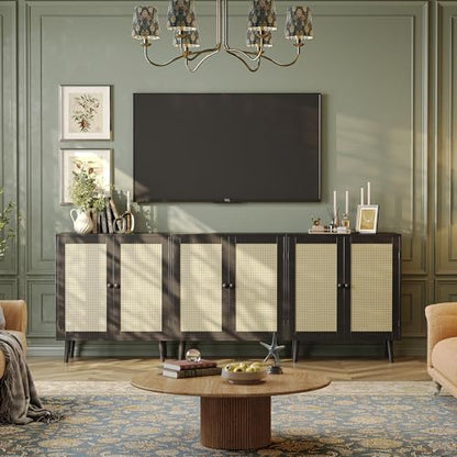 Buffet Cabinet with Storage, Storage Cabinet with Synthetic Rattan Decor Doors, Solid Wood Feet, for Hallway, Entry, Living Room, Black