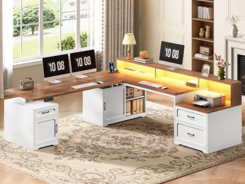Farmhouse L Shaped Standing Electric Desk with Storage, White, view 2