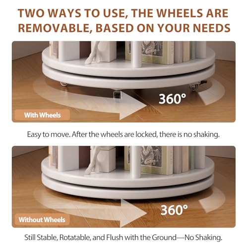 Solid Wood Rotating Bookshelf on Wheels, 6 Tier, Round Revolving Bookcase, 360° Spinning Book Shelf Tower for Kids, Narrow Rolling Bookshelves for Small Space, Corner, Bedroom, Office, White