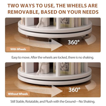 Solid Wood Rotating Bookshelf on Wheels, 6 Tier, Round Revolving Bookcase, 360° Spinning Book Shelf Tower for Kids, Narrow Rolling Bookshelves for Small Space, Corner, Bedroom, Office, White