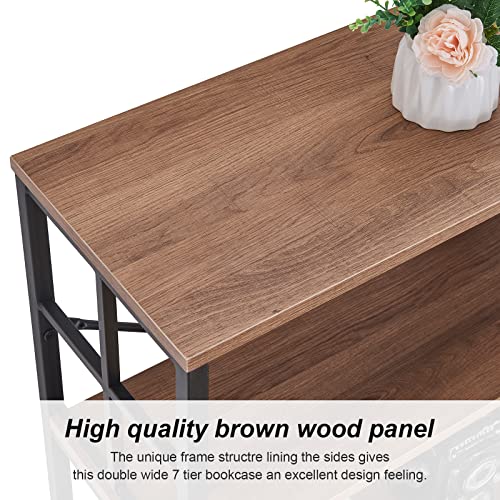 Bookshelf, Industrial Double Wide 7-Tier Bookshelves, 84" Tall Bookcase with Open Shelves, Heavy Duty Bookcases with Storage for Living Room Home Office, Rustic Brown