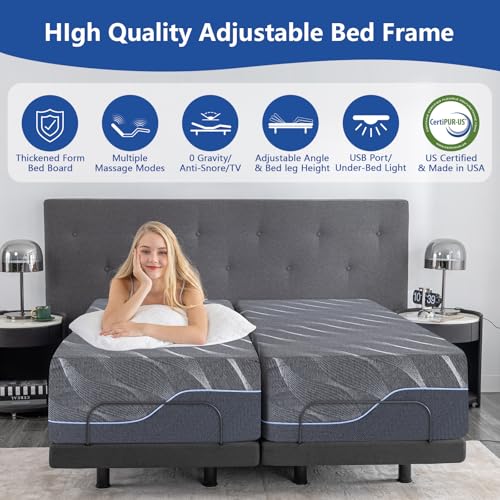 Adjustable bed frame with grey memory foam mattress, thickened foam legs, view 4