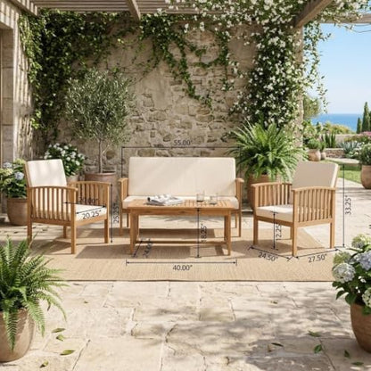 4 Piece Outdoor Conversation Set Acacia Wood Patio Furniture withWater Resistant Cushions 4pc Loveseat and Club Chairs for Backyard Garden Porch Outdoor Living Space Aesthetic Patio Decor Finds