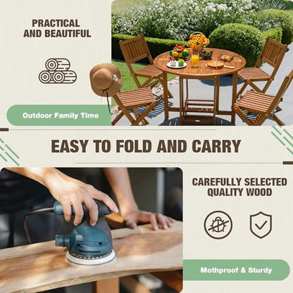 5 PCS Patio Furniture, Patio Dining Set Acacia Wood Outdoor Table and Chairs, with 4 Folding Chairs and 37" Round Movable Table, Outdoor Dining Set for Lawn, Balcony, Garden (Light Brown)