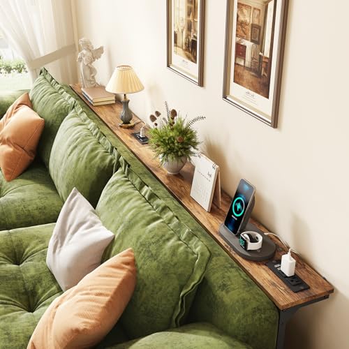 94.5" Extra Long Behind Couch Table, Adjustable Height Narrow Console Table with 2 Power Strips, Split Design for Separate Wall Use, Anti-Scratch Tip, Rustic Brown for Living Room