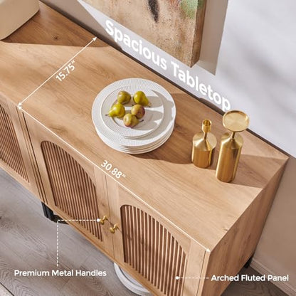 Modern Sideboard Buffet Cabinet, 34" Tall Fluted Arched Buffet Cabinet with Storage and Adjustable Shelves, Wooden Modular Coffee Bar Cabinets for Kitchen, Entryway, Natural