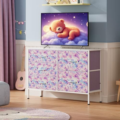 Dresser for Bedroom with 5 Drawers, Wide Chest of Drawers for Bedroom, Fabric Dresser for Living Room, Closet, Hallway, Tie-dye Print (Pink, Purple, Blue)