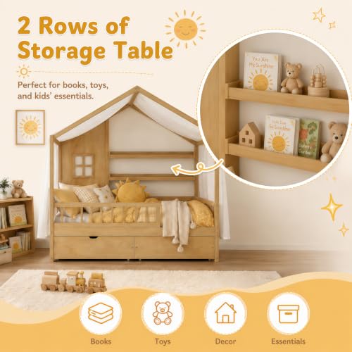 Twin House Bed for Kids with 2 Drawers & Canopy, Montessori Floor Bed with Rails, view 7