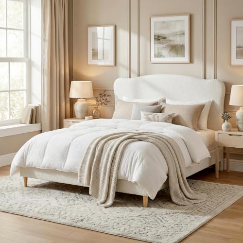 Queen Size Bed Frame with Upholstered Headboard, Beige, view 2