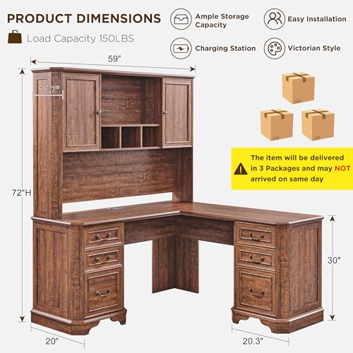 59" Executive L Shaped Desk with Hutch, Victorian Wood Computer Desk, view 3