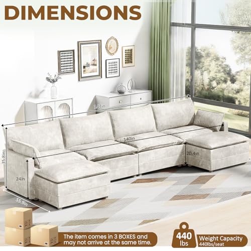 147" U-Shape Modular Sofa with 2 Ottomans, Deep Seat Cloud Convertible Sleeper, 2 Arm Pillows, Comfortable Large Upholstered Furniture for Living Room Apartment, Beige