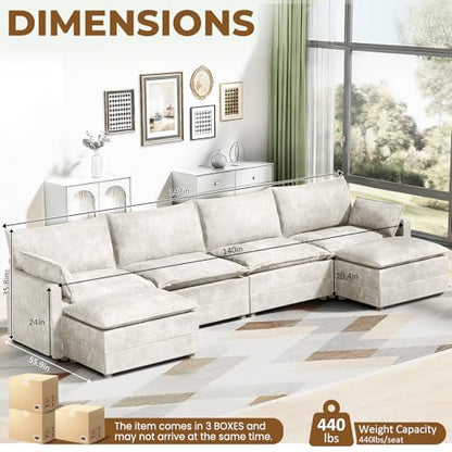 147" U-Shape Modular Sofa with 2 Ottomans, Deep Seat Cloud Convertible Sleeper, 2 Arm Pillows, Comfortable Large Upholstered Furniture for Living Room Apartment, Beige