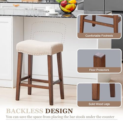 Counter Height Bar Stools Set of 3-26 Inch Backless Saddle Barstools with 4.3" Thick Upholstered, Nailhead Trim Linen Fabric & Solid Wood Legs, Counter Stools for Kitchen Island, Beige