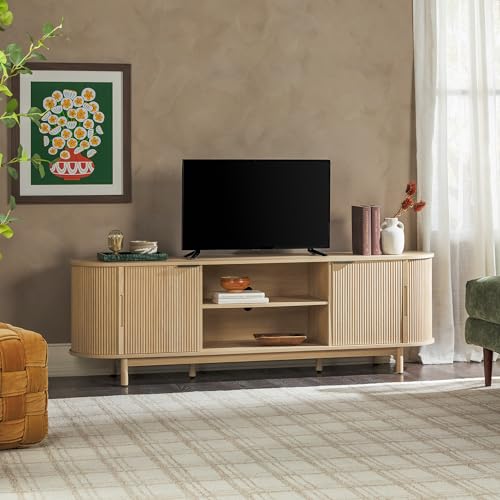 Chloe Curved Reeded TV Stand, Sliding Doors, 75 Inch, 70 inch, Coastal Oak