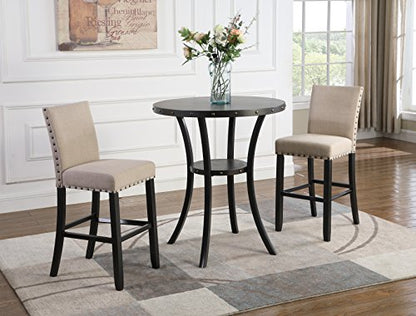 Biony 3 Piece Set - 36" Round Espresso Bar Table with Nail Head Stools, Tan