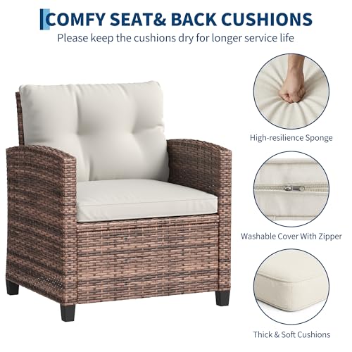 Outdoor Wicker Chairs,3 Pieces Patio Furniture Set,All Weather High Back Rattan Chairs w/Washable Cushion and Tempered Glass Tabletop for Deck Porch Balcony Backyard Garden,Brown & Beige