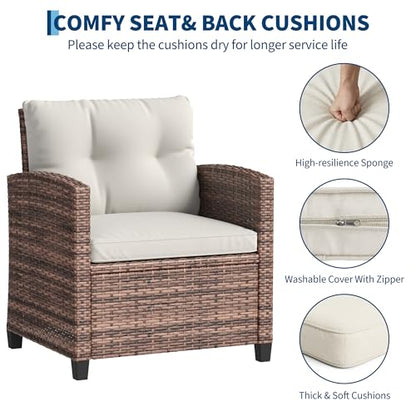 Outdoor Wicker Chairs,3 Pieces Patio Furniture Set,All Weather High Back Rattan Chairs w/Washable Cushion and Tempered Glass Tabletop for Deck Porch Balcony Backyard Garden,Brown & Beige