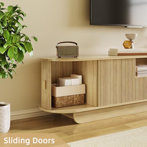 86.6'' Fluted TV Stand for 55-85 Inch, Natural Wood TV Console, view 5