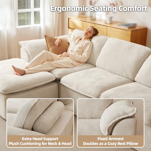 112" Cloud Couch Sectional with Padded Armrests & Moveable Ottoman Boneless Sectional Couches for Living Room White Couch, No Assembly Required