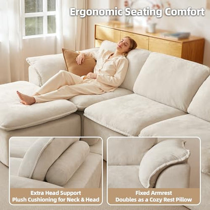 112" Cloud Couch Sectional with Padded Armrests & Moveable Ottoman Boneless Sectional Couches for Living Room White Couch, No Assembly Required