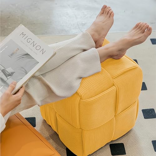 15" Square Woven Corduroy Ottoman Footrest - Modern Vanity Stool for Living Room & Entryway, Eco-Friendly Wood Frame, No Assembly (Yellow)